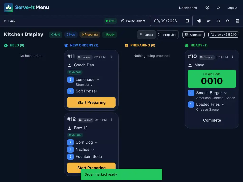 Screen recording of the Serve-It kitchen display: an order is tapped from New Orders to Preparing to Ready, where its pickup code appears.